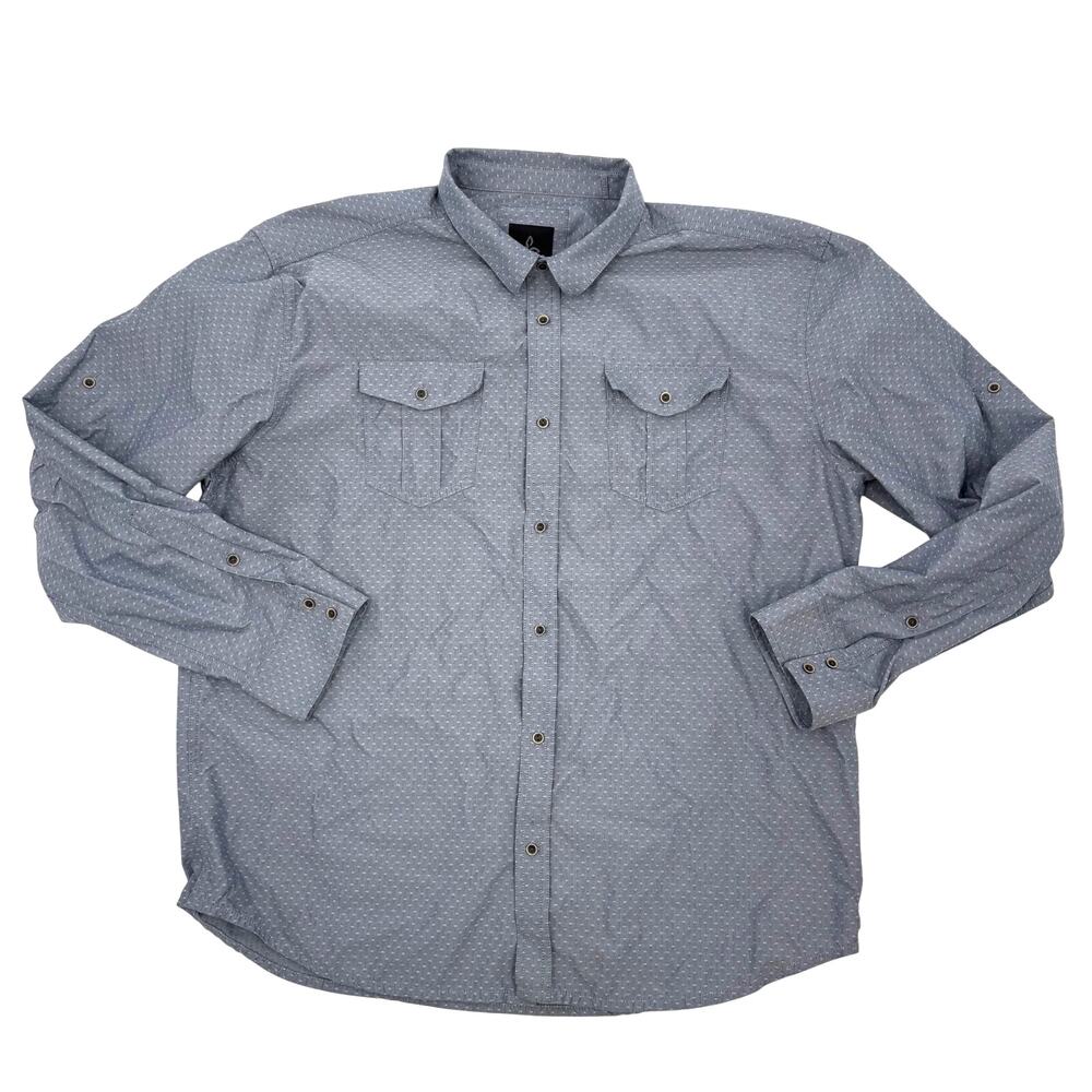 PRANA Ascension Shirt Mens 2XL XXL Gray Blue Button Up Roll Tab Long Sleeve